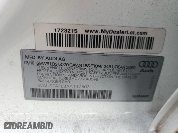 2010 Audi A4 Premium z VIN WAUSFAFL3AA147503, wystawiony jako Copart lot #86344704 z przebiegiem 91 473 mil mil oraz Szkoda całkowita • Salvage title. Historia ofert i sprzedaży dostępna na DreamBid. Obrazek 16.