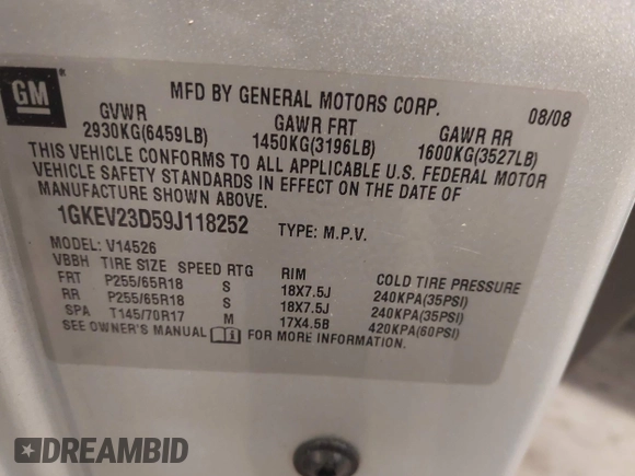 2009 GMC Acadia SLT1 with VIN 1GKEV23D59J118252, listed as a IAAI auction lot 42570244 with 110,310 mi miles and . Bid and sale history available at DreamBid. Image 9.