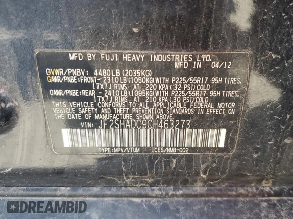 2012 Subaru Forester X Premium with VIN JF2SHADC9CH463273, listed as a Copart auction lot 56579405 with 164,887 mi miles and Salvage title. Bid and sale history available at DreamBid. Image 13.