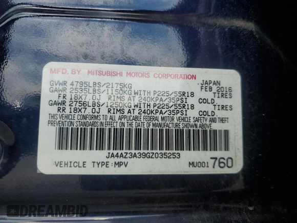 2016 Mitsubishi Outlander SE with VIN JA4AZ3A39GZ035253, listed as a Copart auction lot 62355235 with 97,963 mi miles and Salvage title. Bid and sale history available at DreamBid. Image 13.