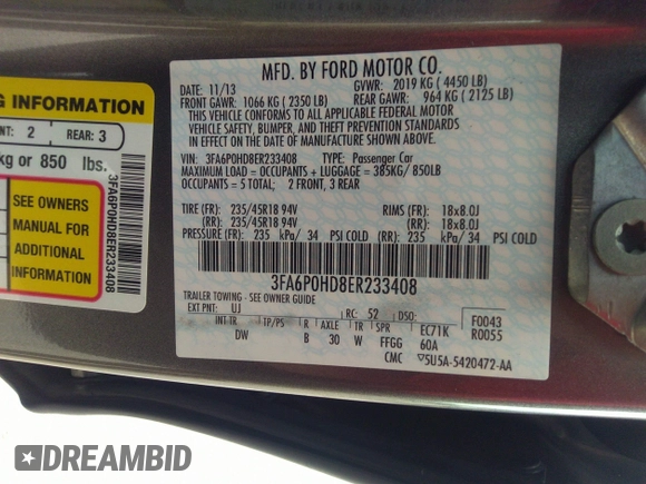 2014 Ford Fusion SE with VIN 3FA6P0HD8ER233408, listed as a IAAI auction lot 41957383 with 1 mi miles. Bid and sale history available at carsss.com. Image 9.