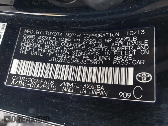2014 Toyota Prius Two with VIN JTDZN3EU4E3315900, listed as a IAAI auction lot 40082095 with 167,748 mi miles and . Bid and sale history available at DreamBid. Image 9.