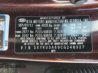 2012 Kia Sorento EX с VIN 5XYKU3A69CG248327, выставлен на аукционе Copart как лот 52068555 с пробегом 197 536 миль миль и Списание • Salvage title. История ставок и продаж доступна на DreamBid. Изображение 13.