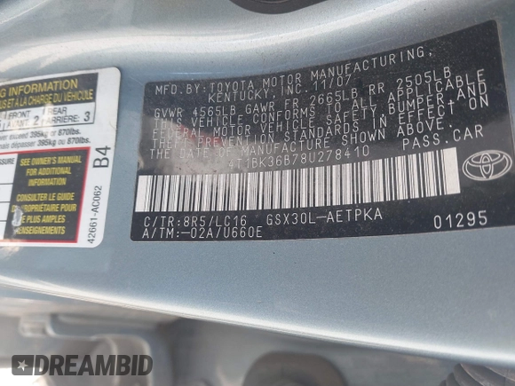 2008 Toyota Avalon XL with VIN 4T1BK36B78U278410, listed as a IAAI auction lot 41632257 with 230,911 mi miles and . Bid and sale history available at DreamBid. Image 9.