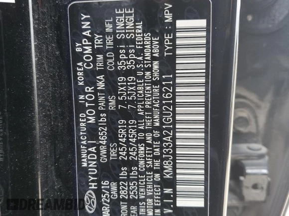 2016 Hyundai Tucson Limited with VIN KM8J33A21GU216211, listed as a Copart auction lot 44120345 with Not Provided miles and Salvage Title. Bid and sale history available at DreamBid. Image 13.