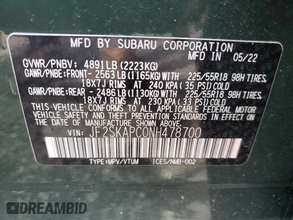 2022 Subaru Forester Limited с VIN JF2SKAPC0NH478700, выставлен на аукционе Copart как лот 58616305 с пробегом 26 392 миль миль и Списание • Salvage title. История ставок и продаж доступна на DreamBid. Изображение 13.