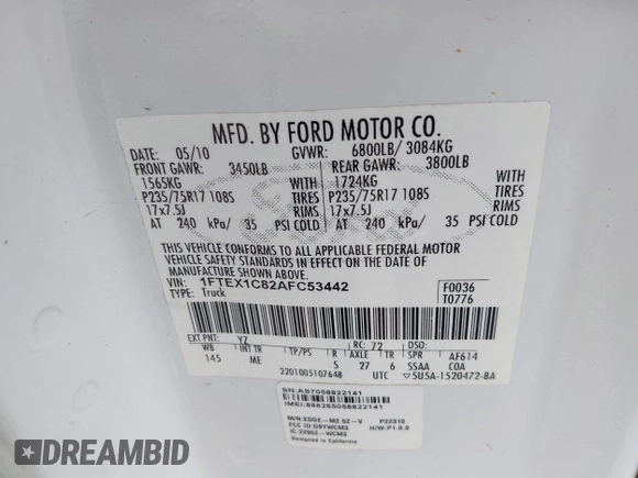2010 Ford F-150 XL with VIN 1FTEX1C82AFC53442, listed as a IAAI auction lot 40375638 with 1 mi miles. Bid and sale history available at carsss.com. Image 9.