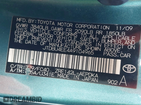 2010 Toyota Corolla with VIN JTDBU4EE4A9104965, listed as a IAAI auction lot 41956372 with 206,535 mi miles. Bid and sale history available at carsss.com. Image 9.
