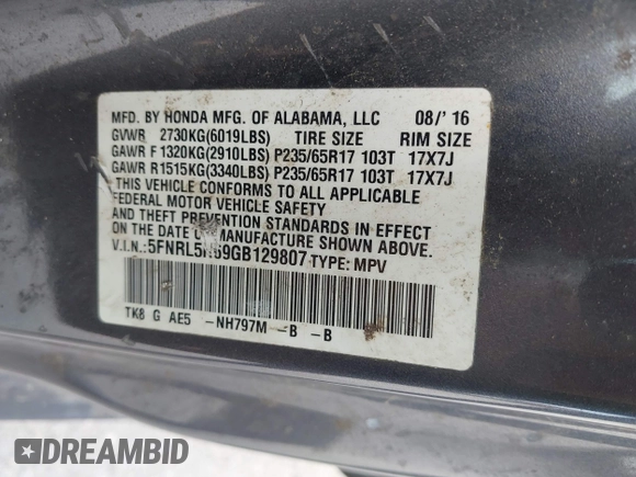 2016 Honda Odyssey EX-L with VIN 5FNRL5H69GB129807, listed as a IAAI auction lot 41973832 with 181,686 mi miles. Bid and sale history available at carsss.com. Image 9.