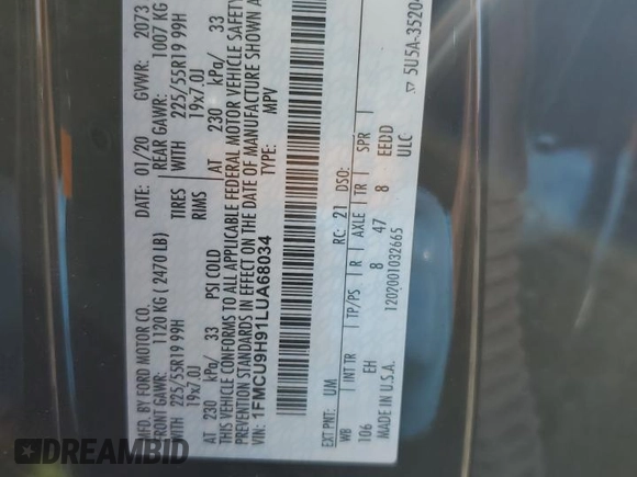 2020 Ford Escape SEL z VIN 1FMCU9H91LUA68034, wystawiony jako Copart lot #50610375 z przebiegiem 48 035 mil mil oraz Szkoda całkowita • Salvage title. Historia ofert i sprzedaży dostępna na DreamBid. Obrazek 14.