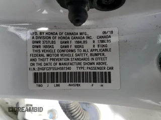 2018 Honda Civic LX with VIN 2HGFC2F55JH597340, listed as a Copart auction lot 53557495 with 8,232 mi miles and Salvage Title. Bid and sale history available at DreamBid. Image 13.
