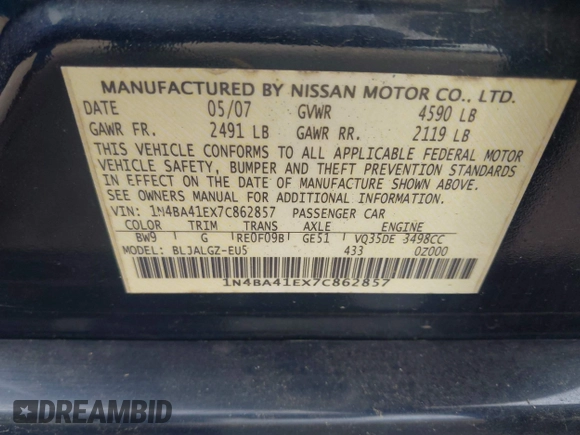 2007 Nissan Maxima SL with VIN 1N4BA41EX7C862857, listed as a IAAI auction lot 42036719 with 186,047 mi miles and . Bid and sale history available at DreamBid. Image 9.