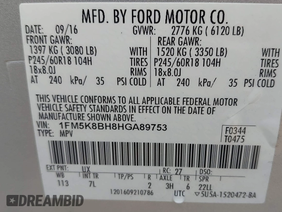 2017 Ford Explorer with VIN 1FM5K8BH8HGA89753, listed as a IAAI auction lot 42109485 with 151,757 mi miles and . Bid and sale history available at carsss.com. Image 9.