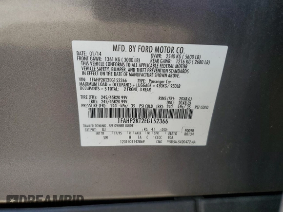 2014 Ford Taurus SHO with VIN 1FAHP2KT2EG152366, listed as a Copart auction lot 56479525 with 82,639 mi miles and Salvage title. Bid and sale history available at DreamBid. Image 12.
