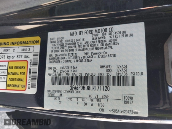 2020 Ford Fusion SE with VIN 3FA6P0HD8LR171120, listed as a IAAI auction lot 42004093 with 35,941 mi miles and . Bid and sale history available at DreamBid. Image 9.