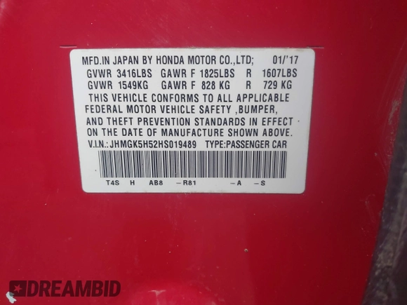 2017 Honda Fit LX with VIN JHMGK5H52HS019489, listed as a IAAI auction lot 42269808 with 148,751 mi miles and . Bid and sale history available at DreamBid. Image 9.