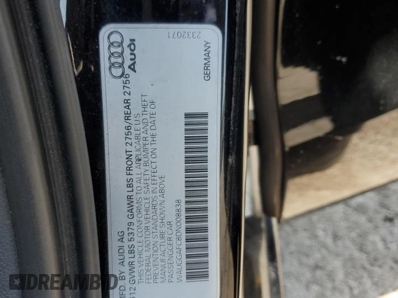 2013 Audi A6 Premium Plus with VIN WAUGGAFC8DN008838, listed as a Copart auction lot 58754475 with 162,375 mi miles and Salvage title. Bid and sale history available at DreamBid. Image 12.