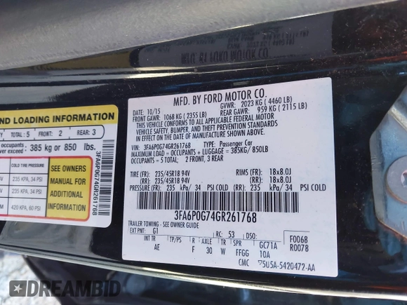 2016 Ford Fusion S with VIN 3FA6P0G74GR261768, listed as a IAAI auction lot 41260069 with 91,840 mi miles. Bid and sale history available at carsss.com. Image 9.
