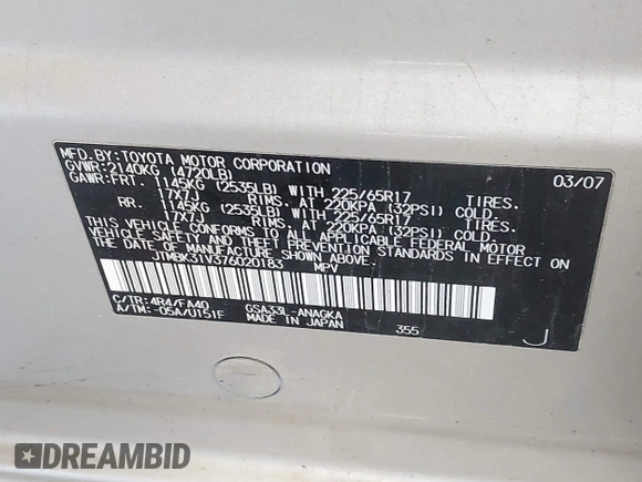 2007 Toyota RAV4 Limited with VIN JTMBK31V376020183, listed as a IAAI auction lot 42336174 with 193,837 mi miles and . Bid and sale history available at DreamBid. Image 9.