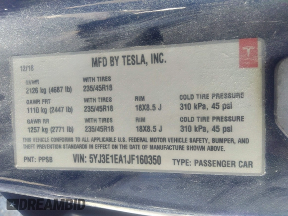 2018 Tesla Model 3 Long Range Battery with VIN 5YJ3E1EA1JF160350, listed as a IAAI auction lot 34606522 with 89,431 mi miles and . Bid and sale history available at DreamBid. Image 9.