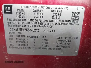 2012 GMC Terrain SLE-1 with VIN 2GKALMEK5C6248242, listed as a IAAI auction lot 42226082 with 169,738 mi miles and . Bid and sale history available at DreamBid. Image 9.