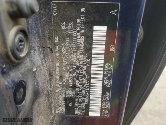 2007 Toyota Tundra SR5 with VIN 5TBDV54117S477197, listed as a Copart auction lot 51745135 with 226,941 mi miles and Salvage Title. Bid and sale history available at carsss.com. Image 12.