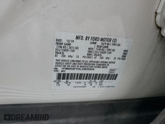 2020 Ford Explorer Limited z VIN 1FMSK8FH5LGB55939, wystawiony jako Copart lot #58589535 z przebiegiem 58 512 mil mil oraz Szkoda całkowita • Salvage title. Historia ofert i sprzedaży dostępna na DreamBid. Obrazek 13.