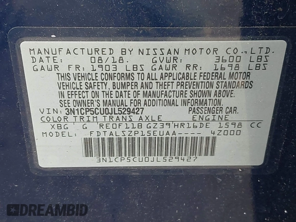 2018 Nissan Kicks SV с VIN 3N1CP5CU0JL529427, выставлен на аукционе IAAI как лот 42115277 с пробегом 65 377 миль миль и . История ставок и продаж доступна на DreamBid. Изображение 9.