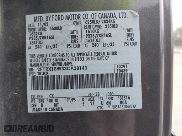 2003 Ford F-150 XL z VIN 2FTRX18W33CA38143, wystawiony jako IAAI lot #42452285 z przebiegiem 134 334 mil mil oraz . Historia ofert i sprzedaży dostępna na DreamBid. Obrazek 9.