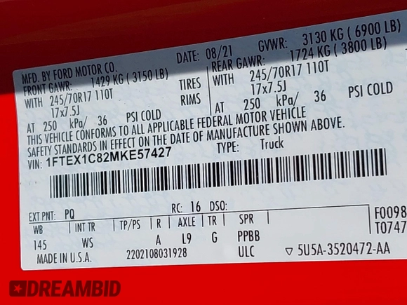 2021 Ford F-150 XL with VIN 1FTEX1C82MKE57427, listed as a IAAI auction lot 42149679 with 52,014 mi miles and . Bid and sale history available at DreamBid. Image 9.
