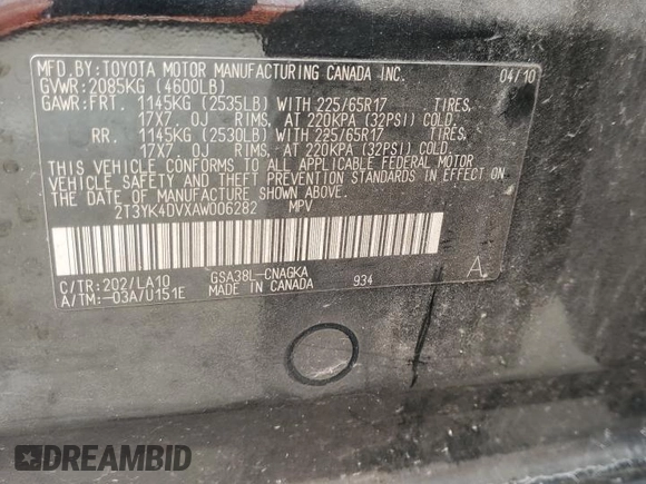 2010 Toyota RAV4 Limited with VIN 2T3YK4DVXAW006282, listed as a Copart auction lot 63012405 with 159,134 mi miles and Clean title. Bid and sale history available at DreamBid. Image 13.