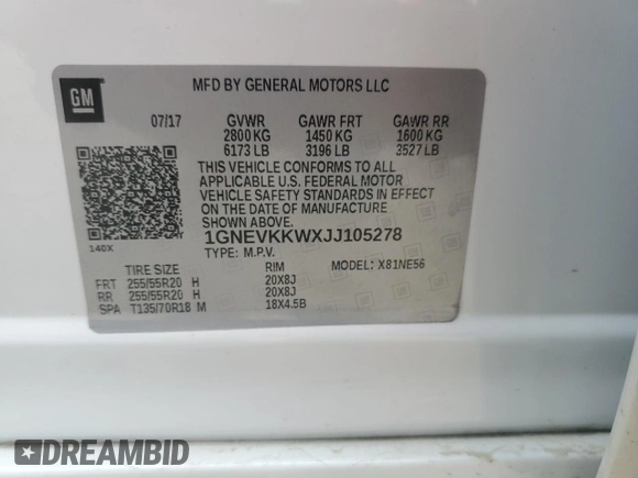 2018 Chevrolet Traverse High Country with VIN 1GNEVKKWXJJ105278, listed as a Copart auction lot 62791464 with 67,487 mi miles and Salvage Title. Bid and sale history available at carsss.com. Image 14.