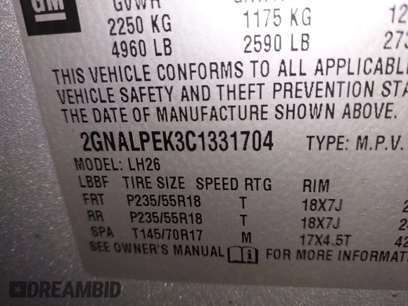 2012 Chevrolet Equinox 2LT z VIN 2GNALPEK3C1331704, wystawiony jako IAAI lot #41920094 z przebiegiem 187 192 mil mil oraz . Historia ofert i sprzedaży dostępna na DreamBid. Obrazek 9.