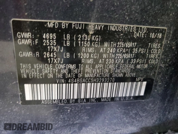 2017 Subaru Outback Premium with VIN 4S4BSACC5H3293270, listed as a Copart auction lot 44754885 with Not provided miles and Salvage title. Bid and sale history available at DreamBid. Image 14.