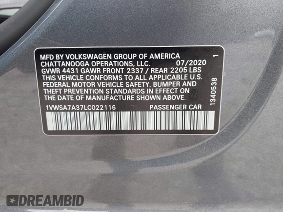 2020 Volkswagen Passat SE with VIN 1VWSA7A37LC022116, listed as a IAAI auction lot 42727604 with 97,271 mi miles and . Bid and sale history available at DreamBid. Image 9.