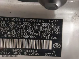 2007 Toyota Prius with VIN JTDKB20U577659565, listed as a IAAI auction lot 41973486 with 1 mi miles. Bid and sale history available at carsss.com. Image 9.