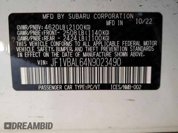 2022 Subaru WRX Limited with VIN JF1VBAL64N9023490, listed as a Copart auction lot 43393135 with 20,957 mi miles and Clean Title. Bid and sale history available at DreamBid. Image 12.