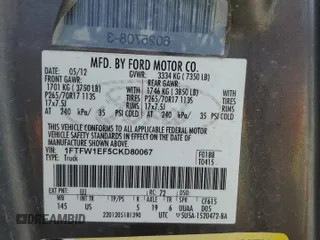 2012 Ford F-150 XL with VIN 1FTFW1EF5CKD80067, listed as a Copart auction lot 61274875 with 132,670 mi miles and Salvage title. Bid and sale history available at DreamBid. Image 12.