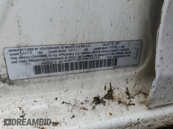 2005 Volkswagen Jetta 2.5L with VIN 3VWRF71K15M619173, listed as a Copart auction lot 54593964 with Not provided miles and Salvage title. Bid and sale history available at DreamBid. Image 14.