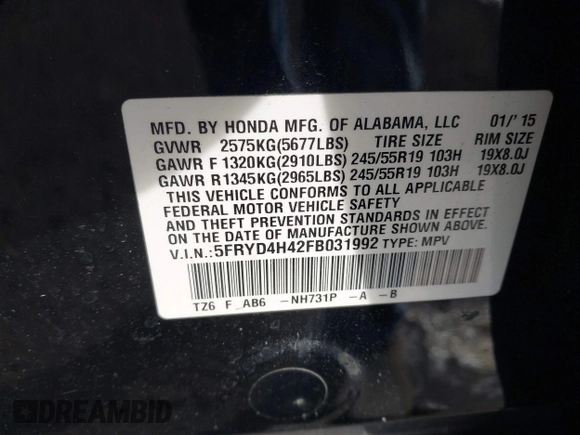 2015 Acura MDX Tech Pkg with VIN 5FRYD4H42FB031992, listed as a IAAI auction lot 41564215 with 125,042 mi miles. Bid and sale history available at carsss.com. Image 9.