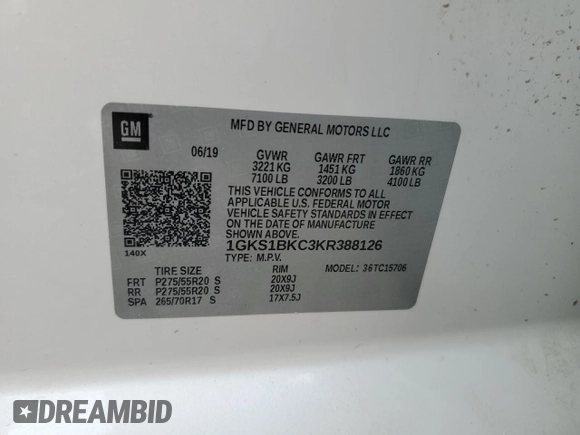 2019 GMC Yukon SLT with VIN 1GKS1BKC3KR388126, listed as a Copart auction lot 41363595 with 0 mi miles and Clean Title. Bid and sale history available at carsss.com. Image 13.