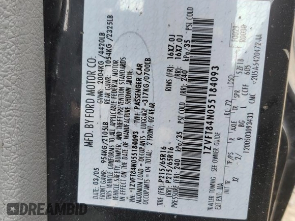 2005 Ford Mustang Deluxe z VIN 1ZVFT84N055184093, wystawiony jako Copart lot #60437785 z przebiegiem Nie podano mil oraz Nie do naprawy • Non repairable. Historia ofert i sprzedaży dostępna na DreamBid. Obrazek 13.
