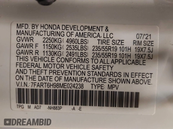 2021 Honda CR-V Touring with VIN 7FART6H98ME024238, listed as a IAAI auction lot 42341911 with 50,757 mi miles and . Bid and sale history available at DreamBid. Image 9.