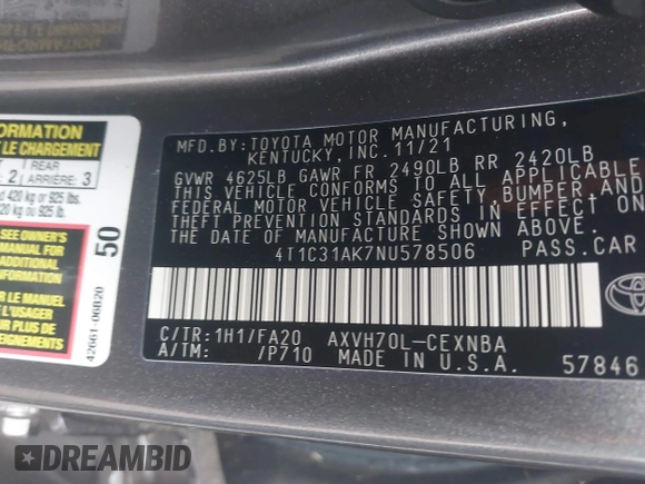 2022 Toyota Camry Hybrid LE with VIN 4T1C31AK7NU578506, listed as a IAAI auction lot 41549933 with 16,440 mi miles. Bid and sale history available at carsss.com. Image 9.