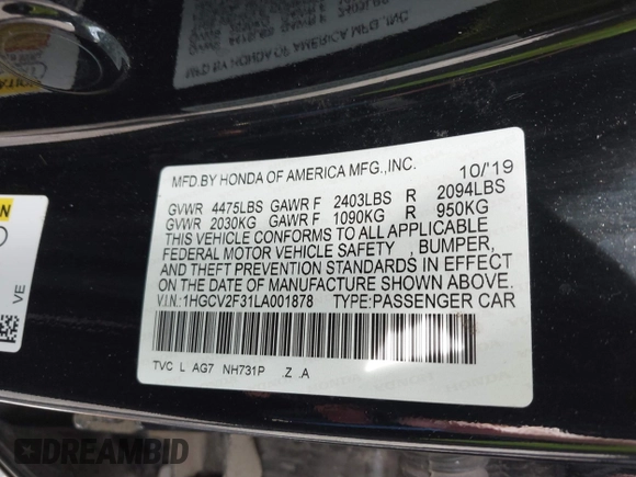 2020 Honda Accord Sport z VIN 1HGCV2F31LA001878, wystawiony jako IAAI lot #42274736 z przebiegiem Nie podano mil oraz . Historia ofert i sprzedaży dostępna na DreamBid. Obrazek 7.