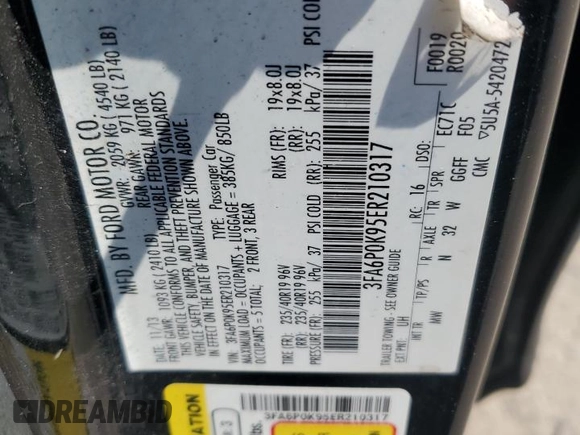 2014 Ford Fusion Titanium with VIN 3FA6P0K95ER210317, listed as a Copart auction lot 54489555 with 109,575 mi miles and Salvage Title. Bid and sale history available at carsss.com. Image 12.