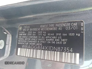 2001 BMW 7 Series 740i with VIN WBAGG834X1DN87354, listed as a IAAI auction lot 42749277 with Not provided miles and . Bid and sale history available at DreamBid. Image 9.