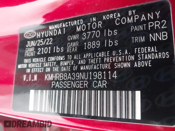 2022 Hyundai Venue SE with VIN KMHRB8A39NU198114, listed as a IAAI auction lot 41538049 with 39,523 mi miles and . Bid and sale history available at DreamBid. Image 9.