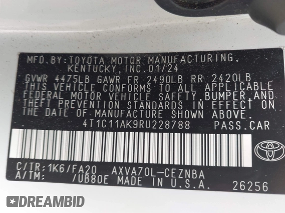 2024 Toyota Camry LE z VIN 4T1C11AK9RU228788, wystawiony jako IAAI lot #42108189 z przebiegiem 26 359 mil mil oraz . Historia ofert i sprzedaży dostępna na DreamBid. Obrazek 9.