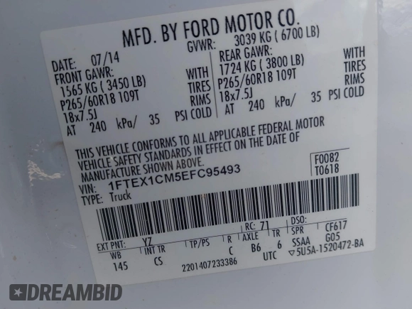 2014 Ford F-150 XL with VIN 1FTEX1CM5EFC95493, listed as a IAAI auction lot 41180683 with 150,260 mi miles and . Bid and sale history available at DreamBid. Image 4.
